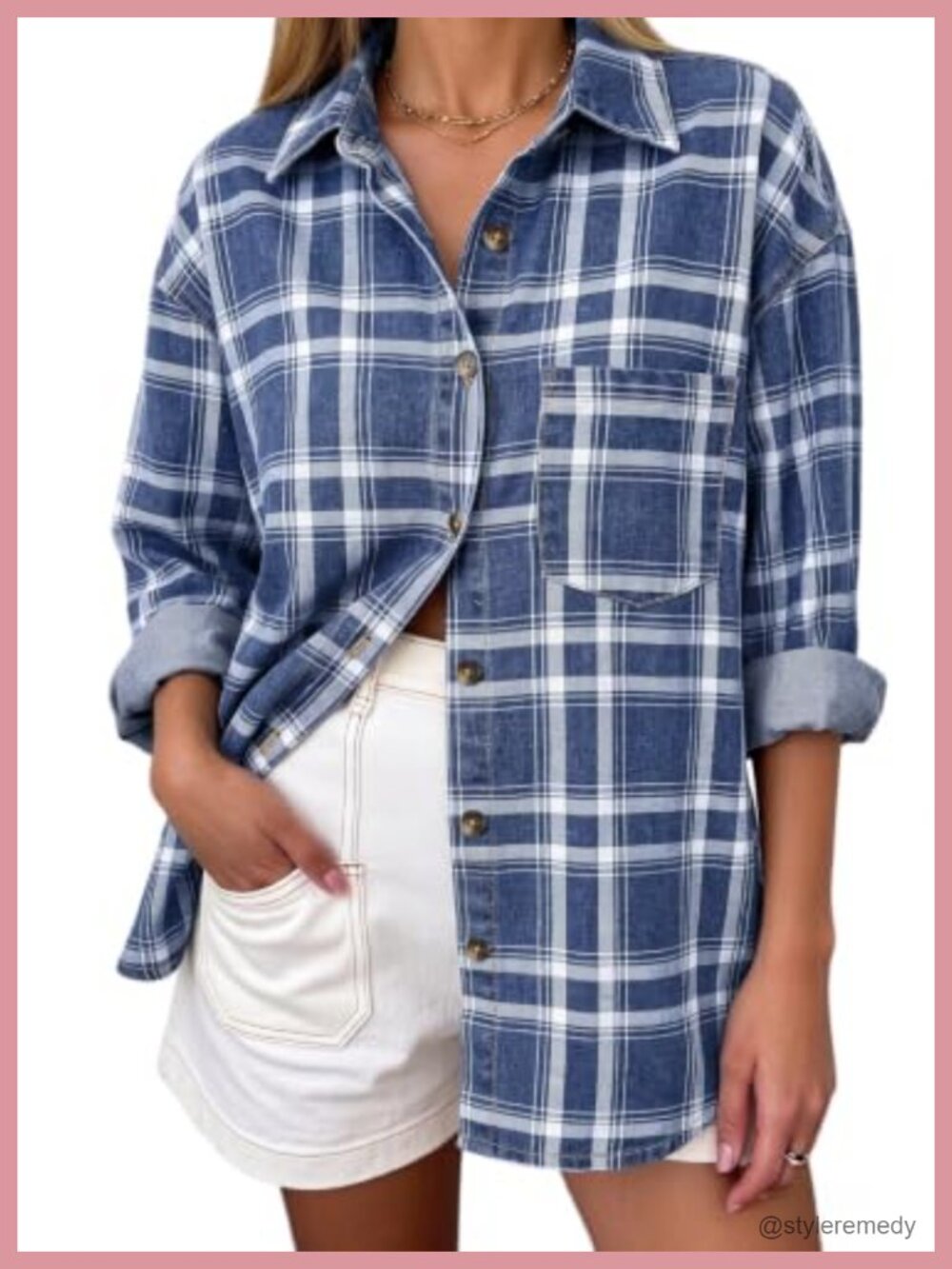 Plaid Oversized Denim Shirt Button Down Long Sleeve Jean Blouse